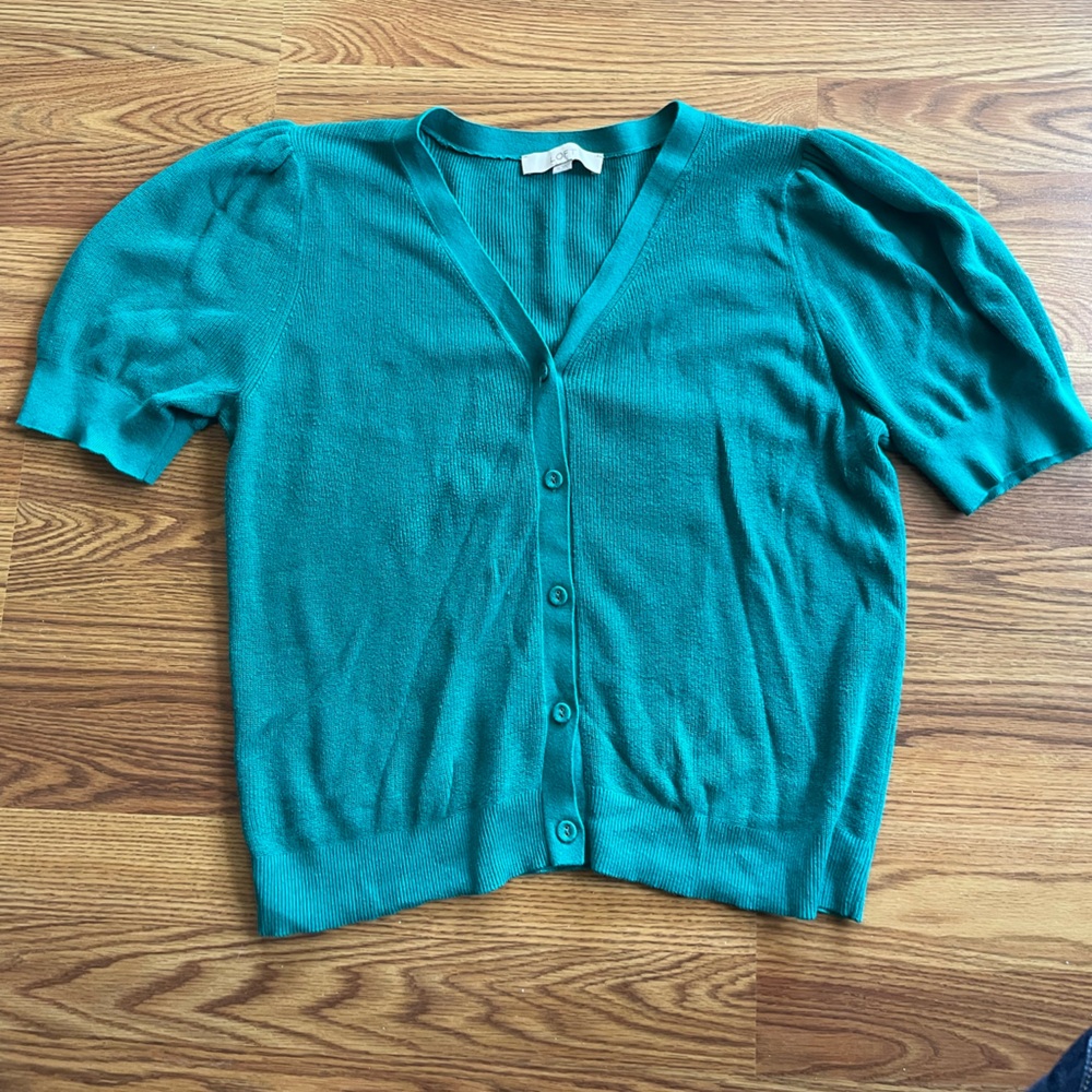 LOFT Teal Knit Sweater short sleeves, puff sleevex